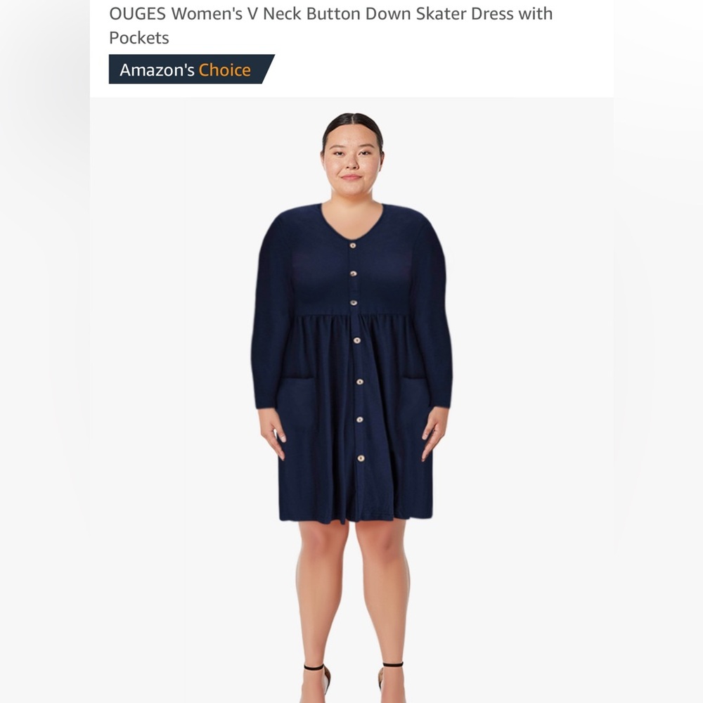 OUGES Women's Plus V Neck Button Down Skater Dress with Pockets Navy Blue 2XL